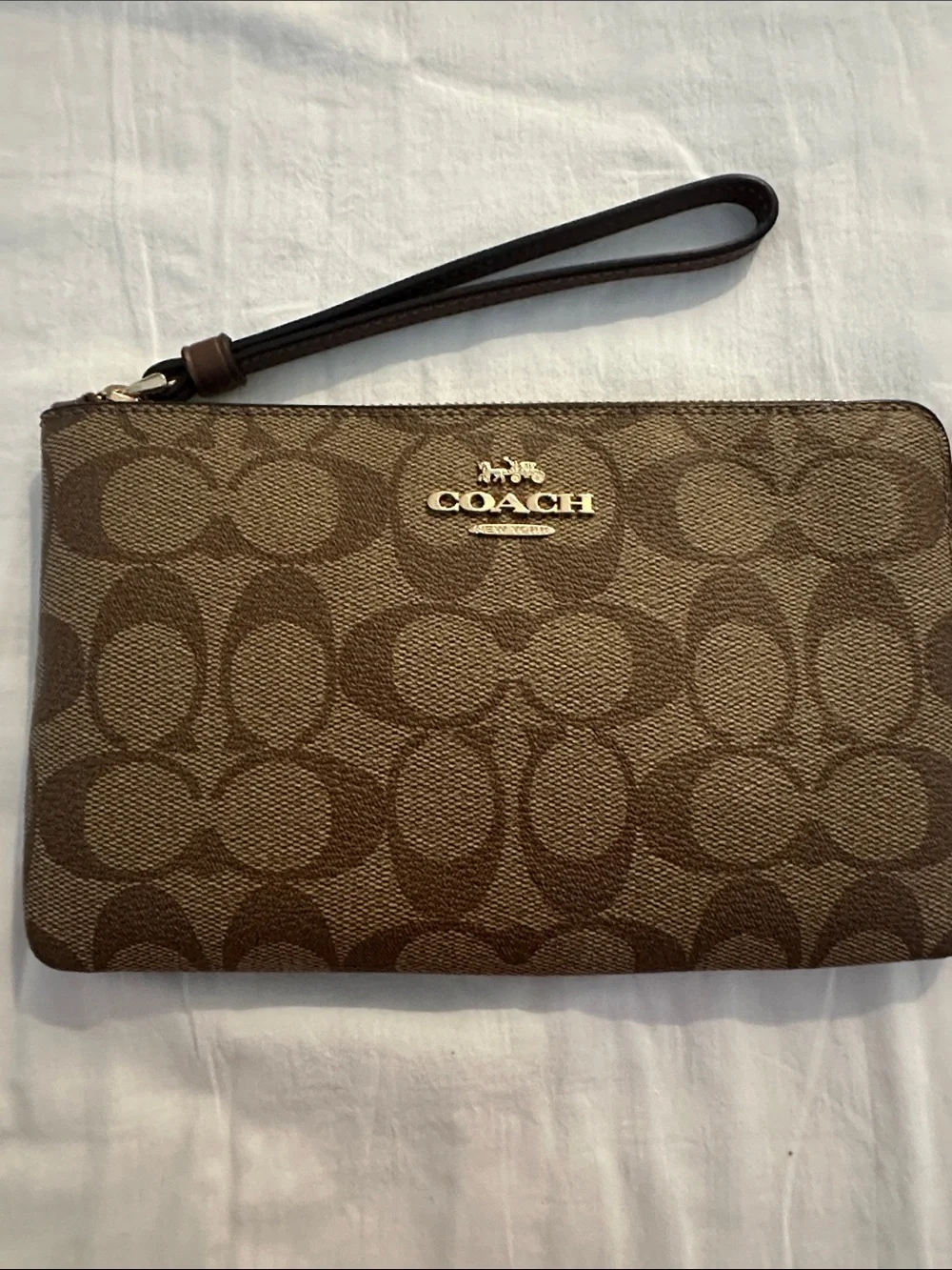 Coach Large Brown Signature Zip Wristlet with Gold Logo